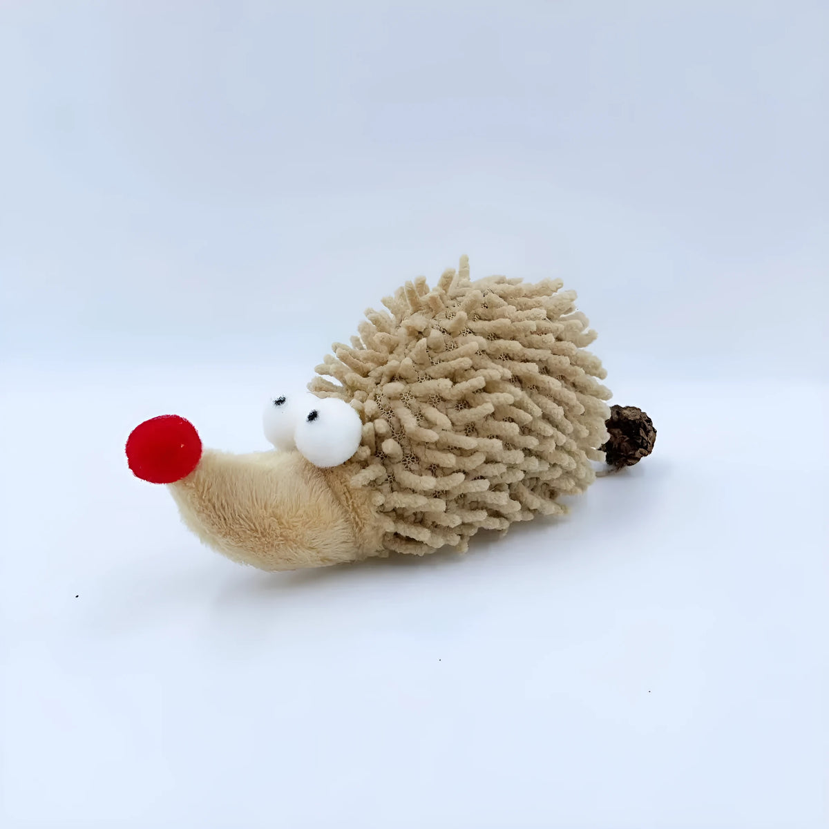 Khaki chenille cat toy shaped like a cartoon hedgehog with catnip filling