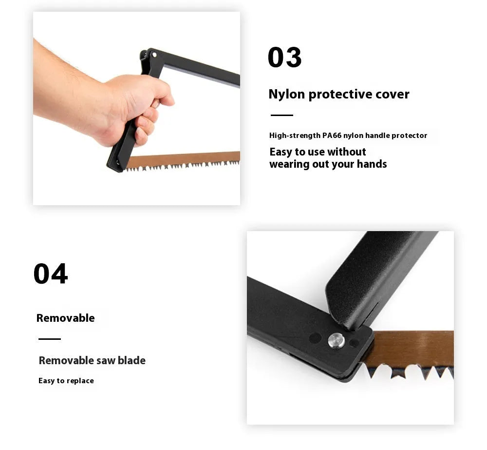 Black foldable outdoor saw with aluminium and nylon handle, blade extended.