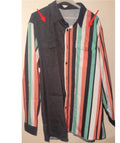 Men's retro printed long sleeve striped casual shirt with cardigan front in loose polyester fit