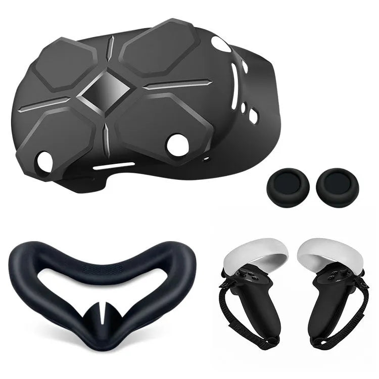 Black silicone VR accessory set showing glasses protective cover, eye mask, and controller handle grips.