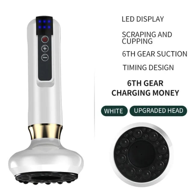 Green electric vacuum cupping massager with USB charger on a white background.