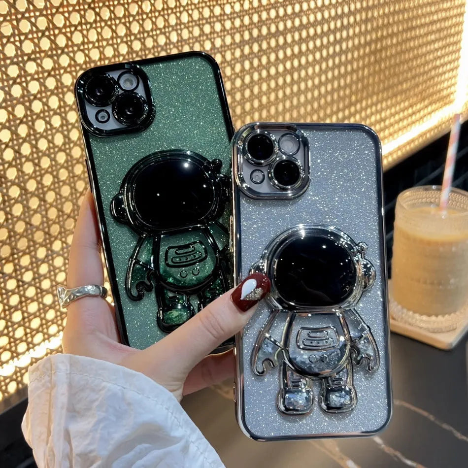 Astronaut spaceman themed iPhone case with quicksand design and glitter electroplated finish in multiple colour options