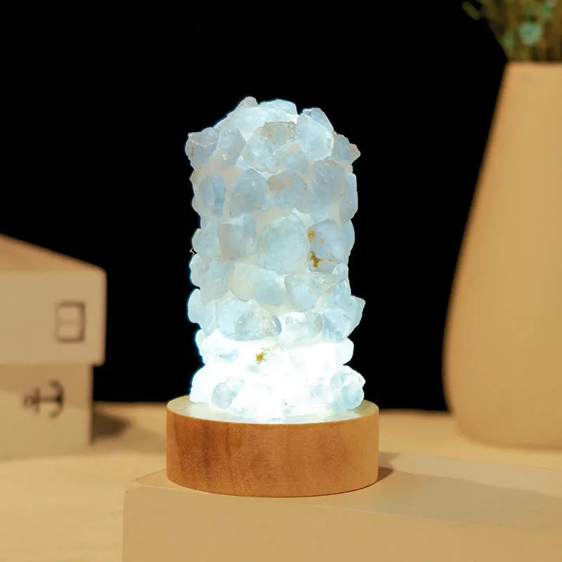 Small amethyst crystal night light with natural tooth flower formations and USB cable