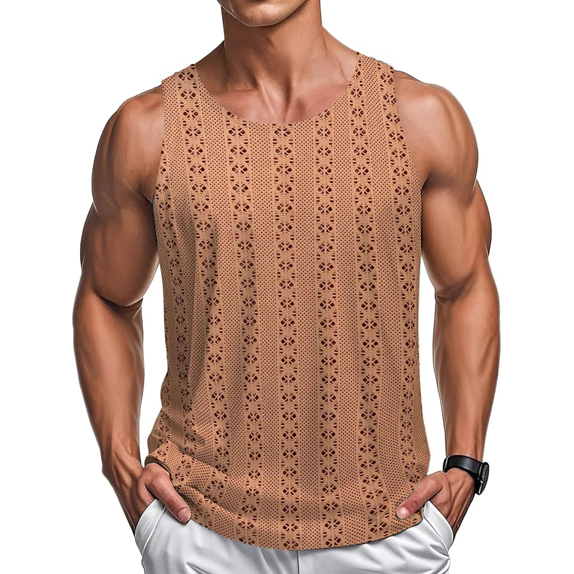 Round neck casual beach style loose polyester vest in khaki
