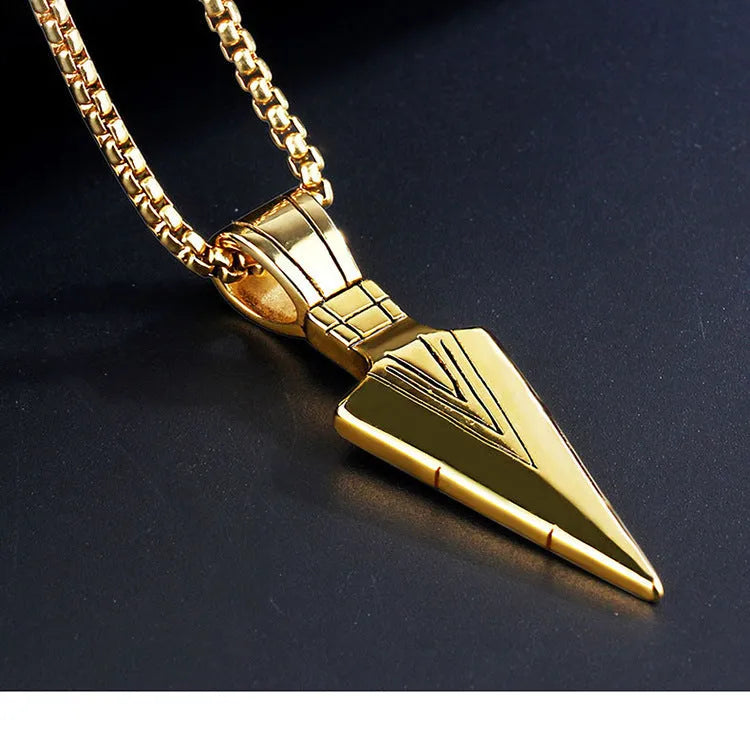 Men's stainless steel spear arrow necklace with painted finish, available in gold, silver, black or steel colour