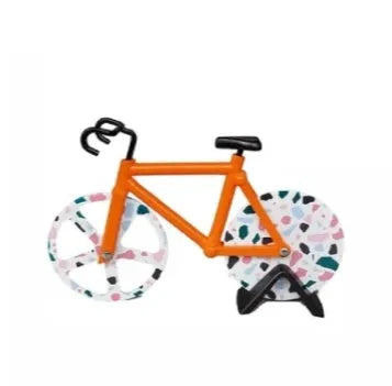 Bicycle shaped pizza cutter with stainless steel blade and ABS handle on white background