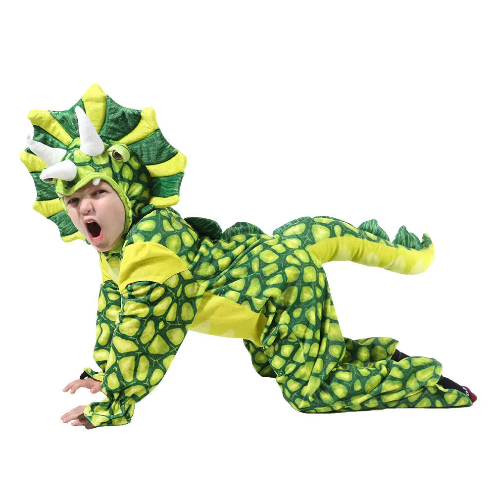 Children's dark green and orange Triceratops dinosaur fancy dress Halloween costume.