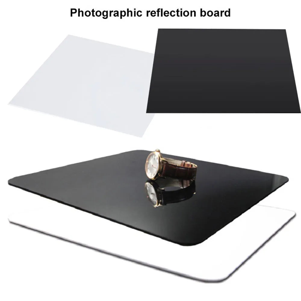 Black and white square acrylic reflection boards for product photography in 20cm, 30cm, and 40cm sizes.