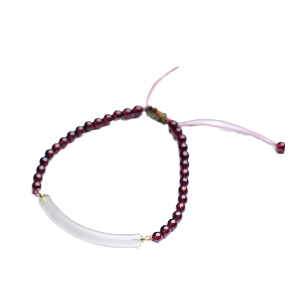 Red garnet and natural agate beaded bracelet with adjustable pull closure