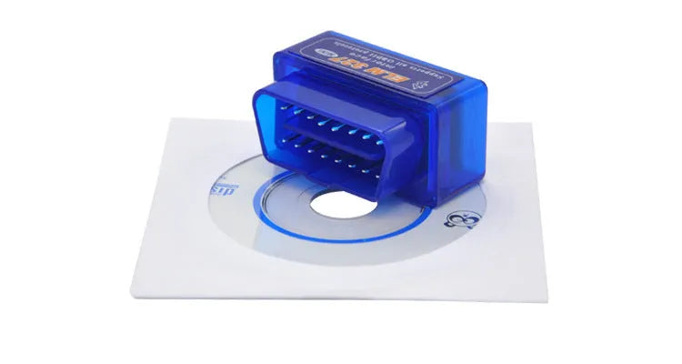 Compact black ELM327 Bluetooth OBD2 diagnostic scanner for car fault codes and live data.