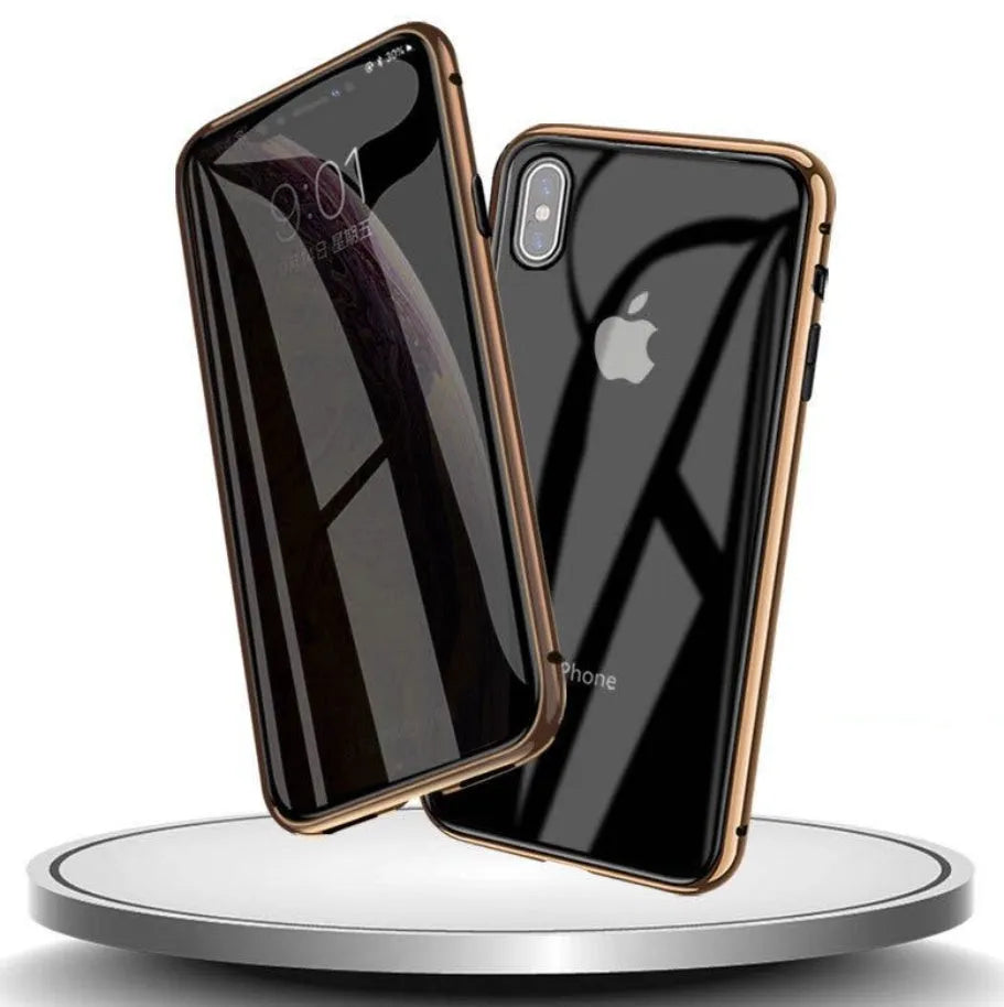 Geometric-patterned clamshell phone case in navy blue, open to show iPhone 13 Pro Max inside.
