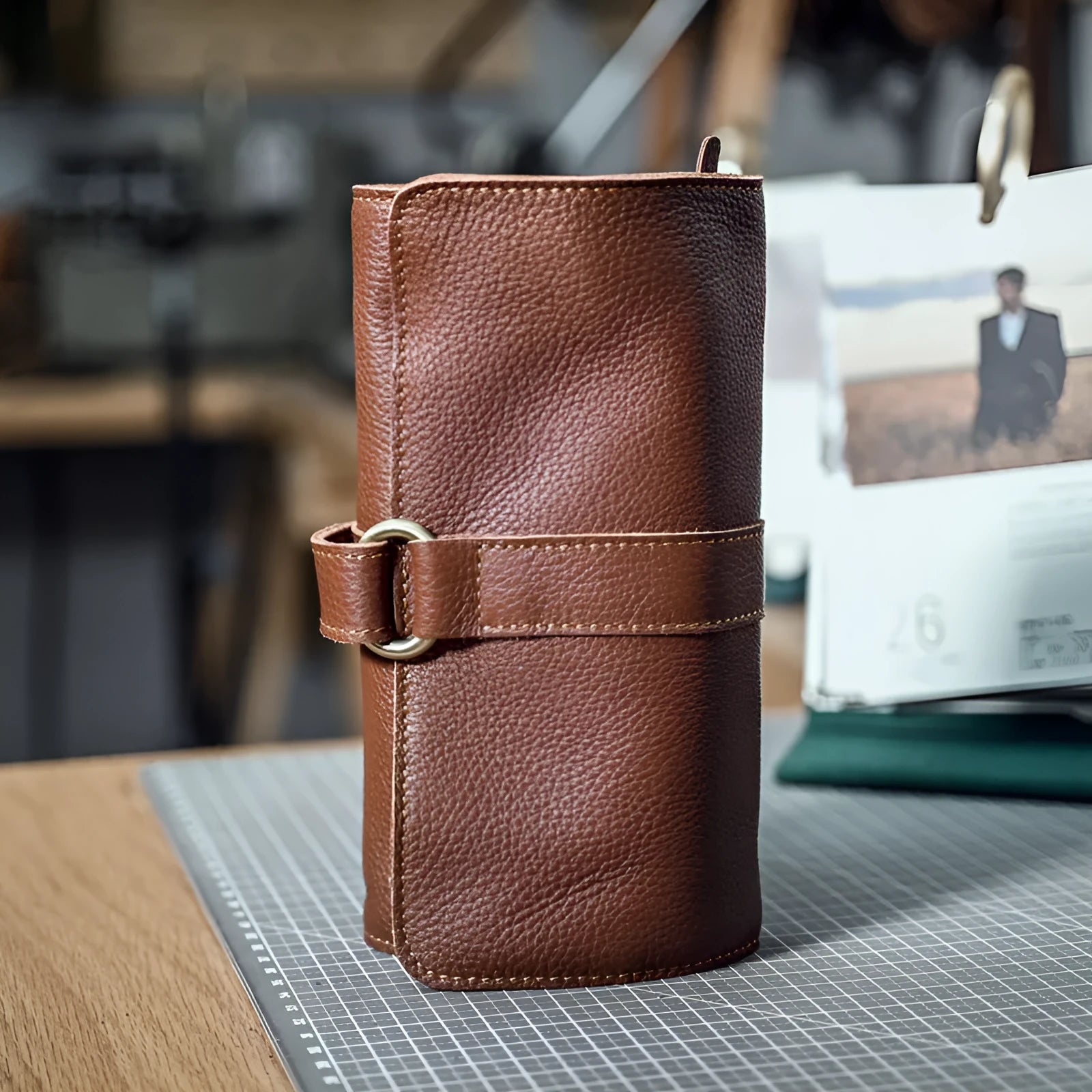 Handmade cow leather vintage wallet showing tape extraction closure and solid colour design