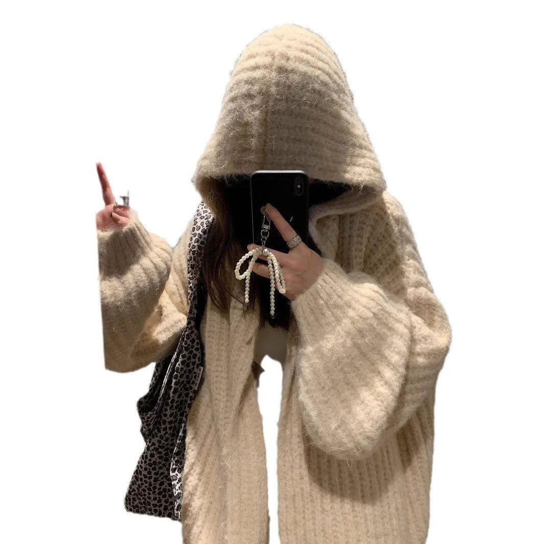 Women's dark grey retro hooded cardigan with loose fit and thick knit texture.