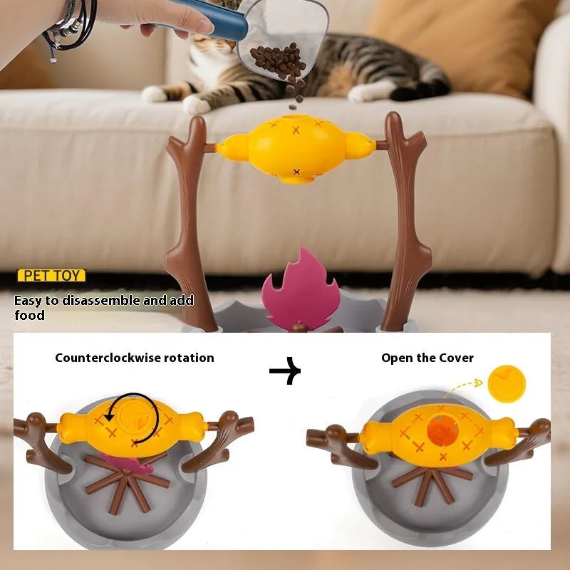Large barbecue-themed tumbling cat feeder toy on floor, dimensions 30cm by 30cm by 29cm.