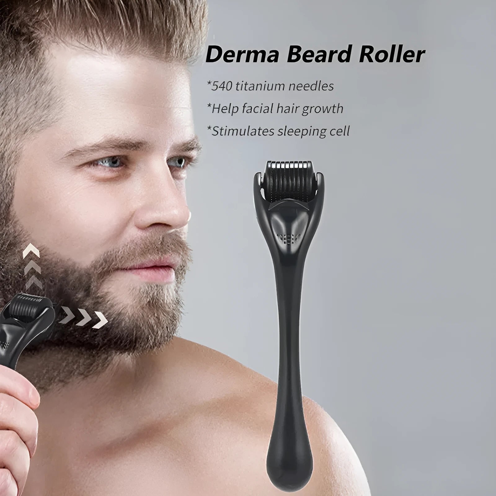Black and purple derma rollers with 540 titanium microneedles, shown with size options from 0.2mm to 1.0mm.