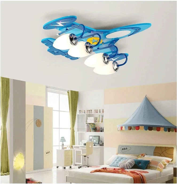 Cartoon aeroplane design remote-control LED ceiling light with rectangular glass shade for a child's room.