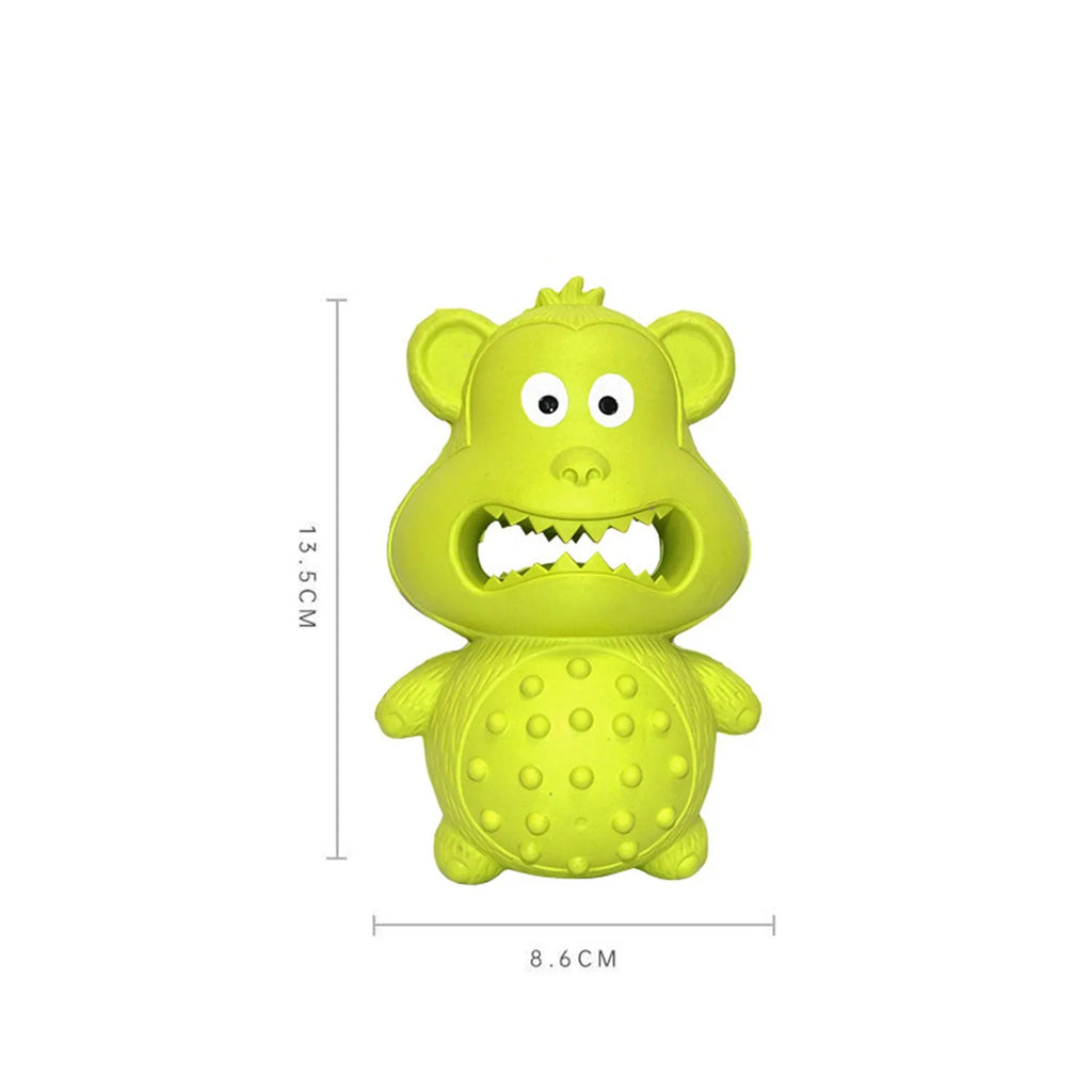 Green and yellow natural rubber squeaky dog chew toy for large dogs.