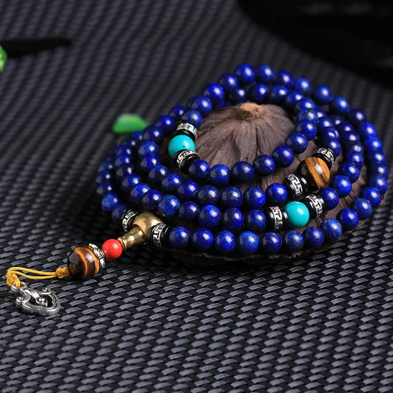 Natural lapis lazuli 108 bead bracelet with zodiac motifs in 6mm or 8mm sizes