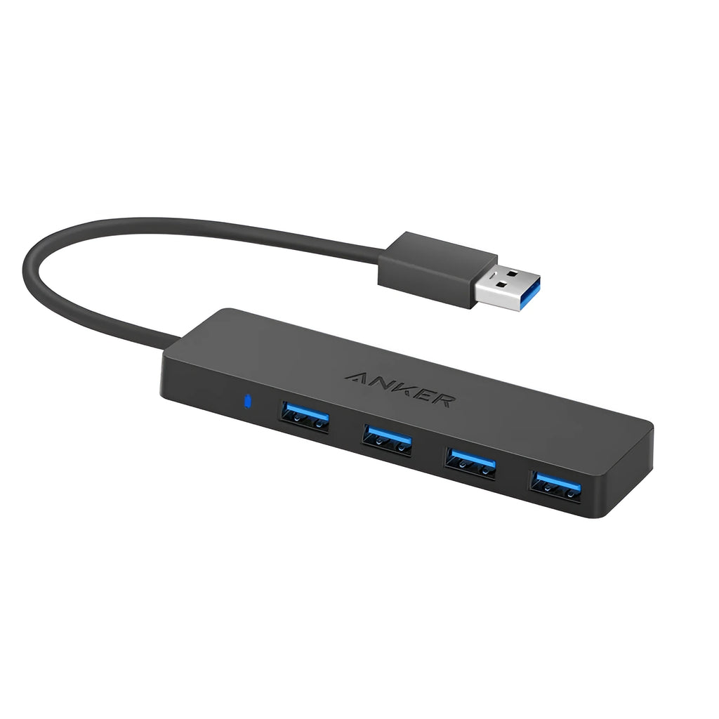 Black Anker USB 3.0 hub with four ports and 200mm cable, dimensions 30x107mm
