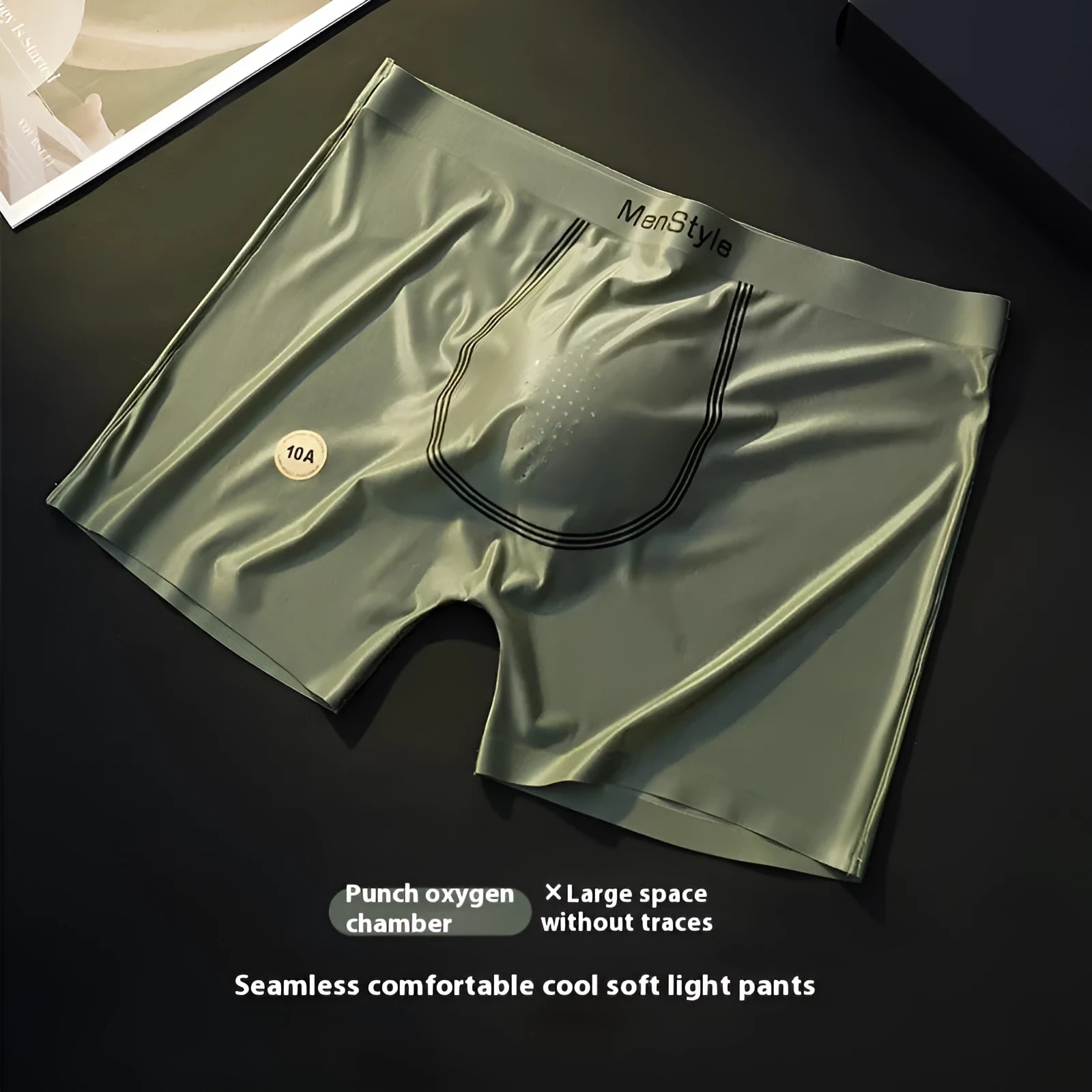 Men's satin ice silk seamless boxer shorts in nylon fabric, showing mid waist fit.