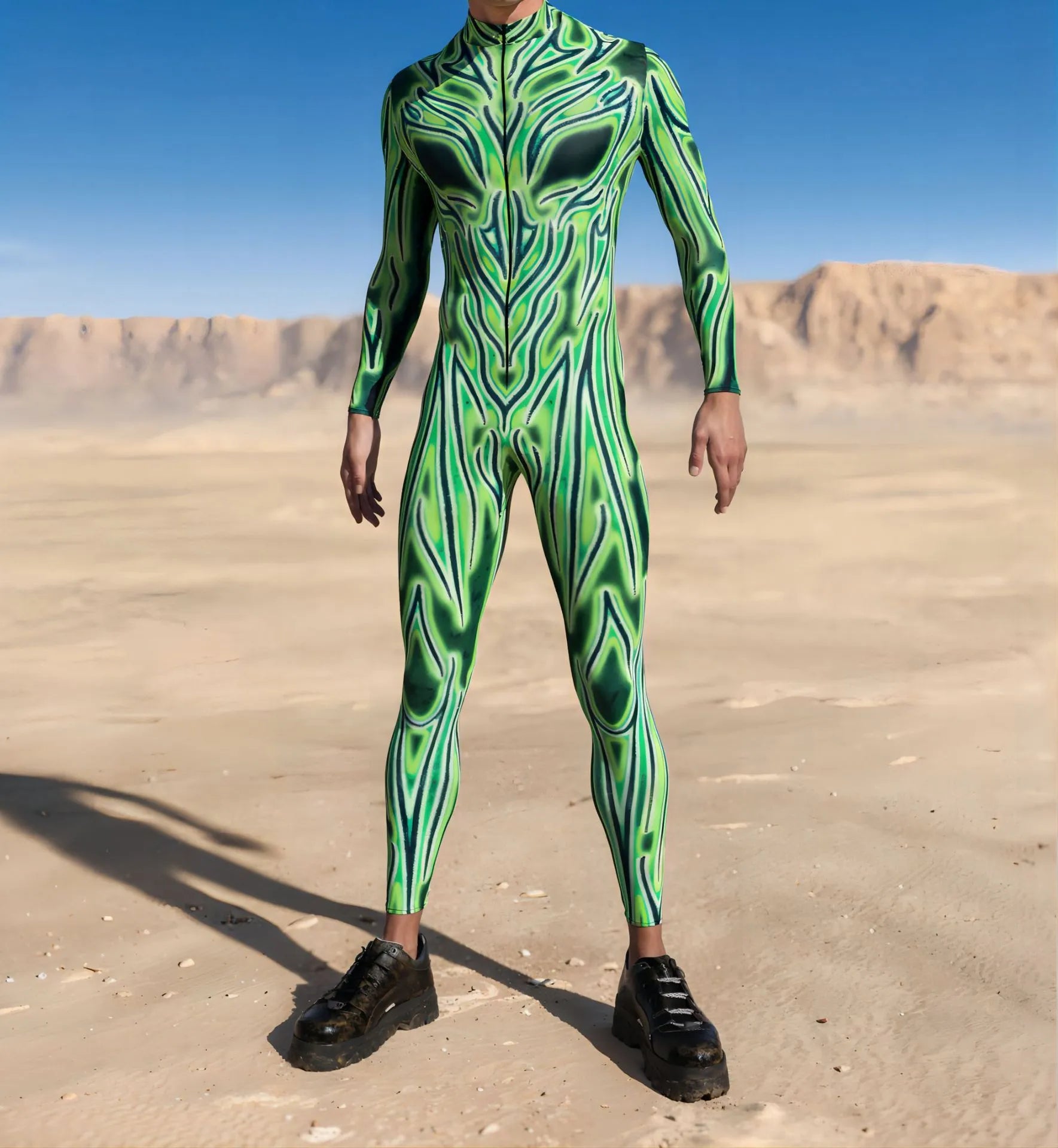 3D digital print Halloween cosplay jumpsuit in street hipster style on a model, spandex blend one-piece costume