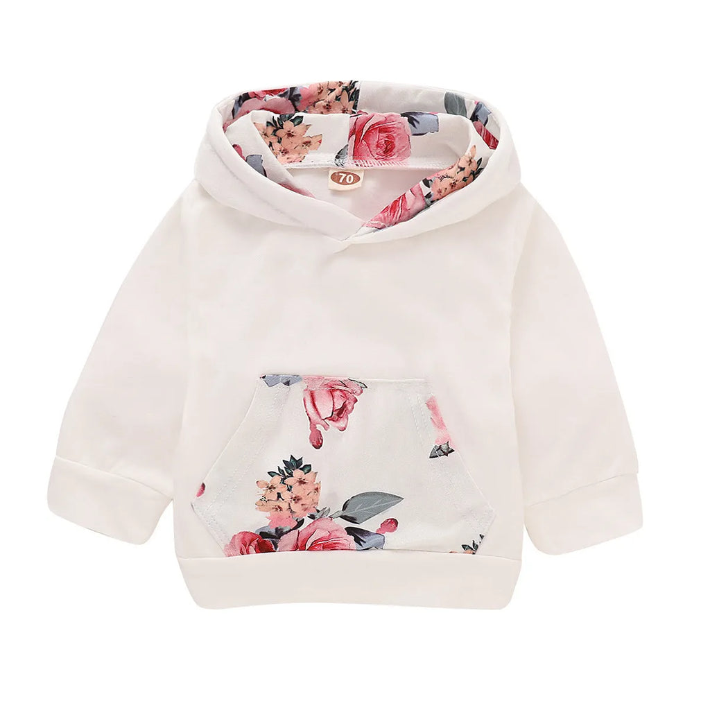 White cotton hooded tracksuit set for infant girl with long sleeves and trousers.