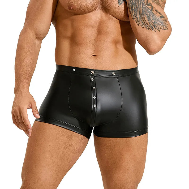 Black PU leather men's boxer shorts with a U-shaped pouch, shown flat.