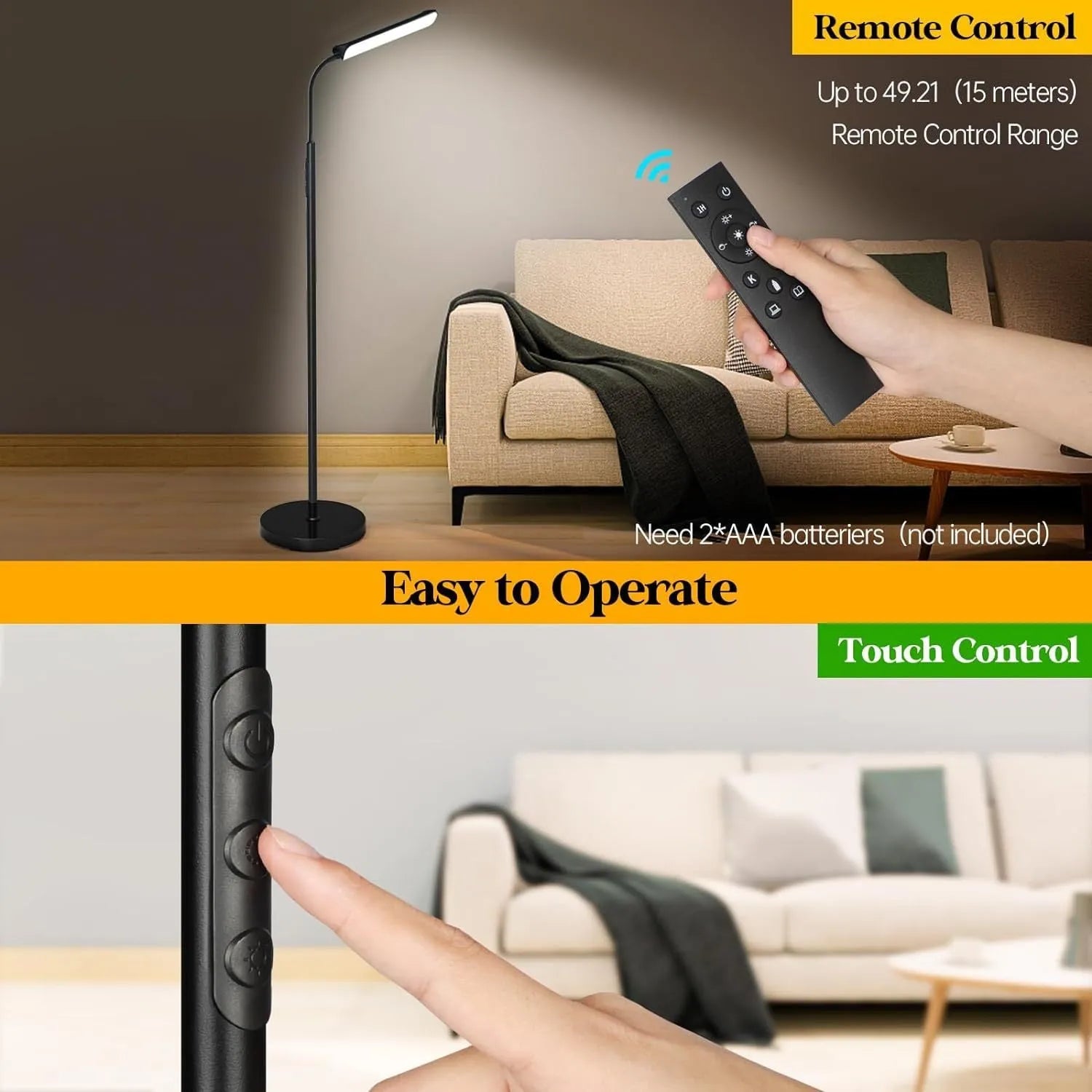 Simple modern LED floor lamp with remote control in white finish on wooden desk for reading
