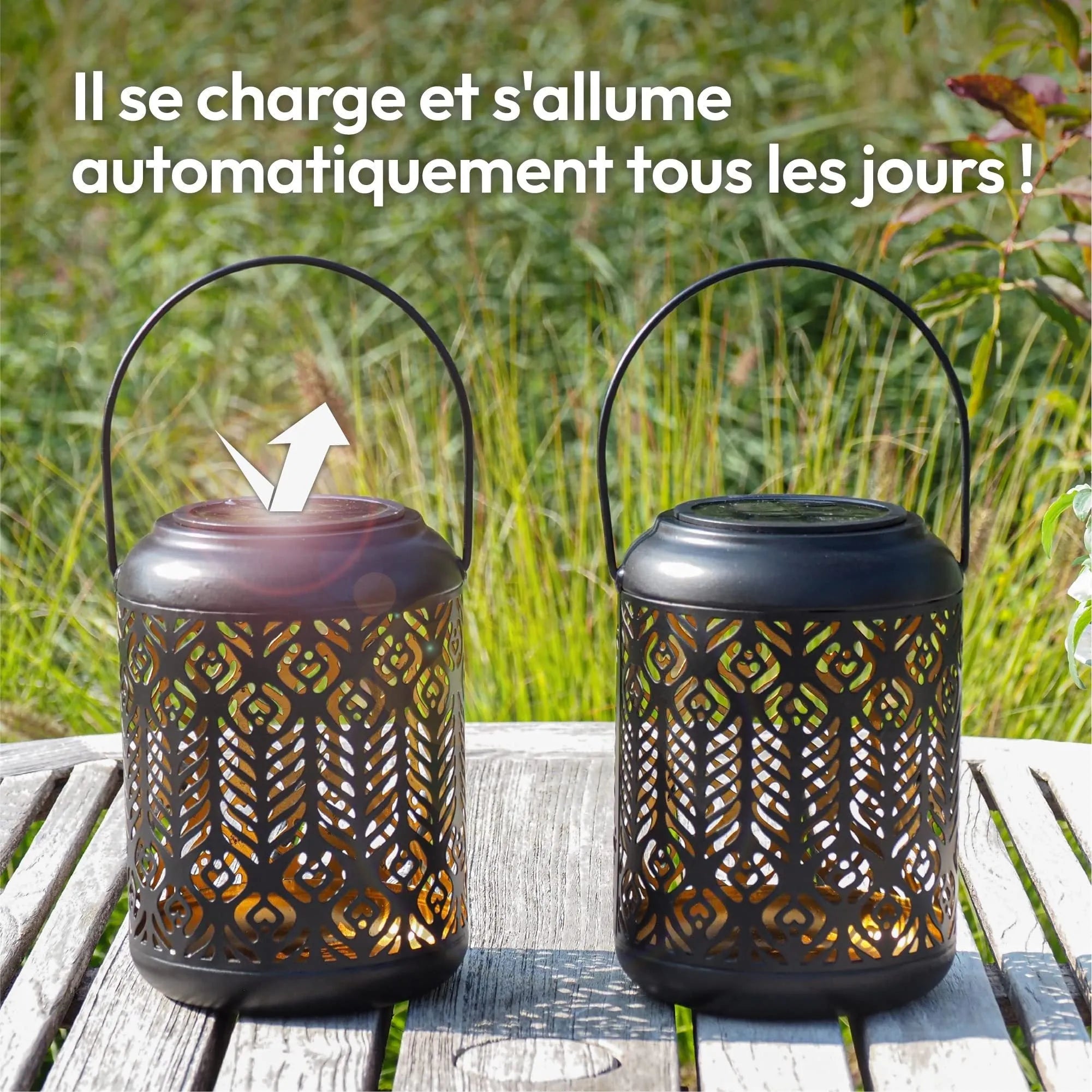 Black iron circular solar lamp with small cylindrical wheat ear design on a garden path