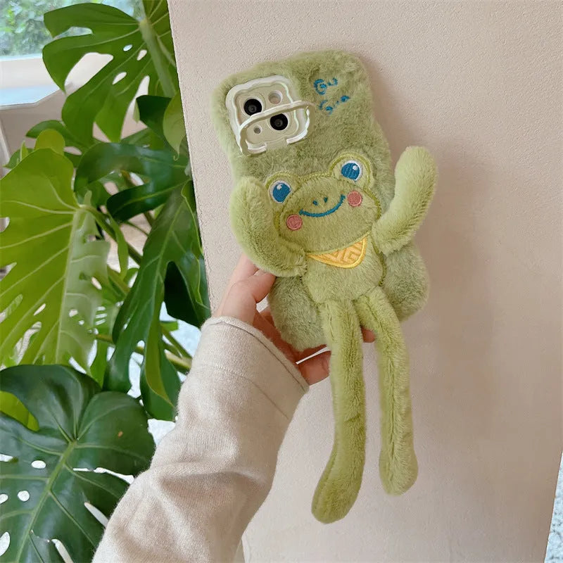 Green cartoon furry frog phone case with pull-out bracket on phone
