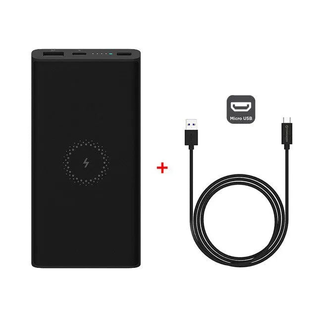 Black and white 10000mAh power bank with fast charging and wireless output features.