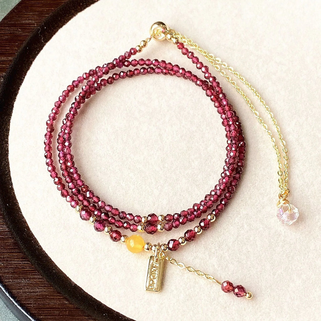 Garnet three circle bracelet with beeswax cut surface and electroplated finish