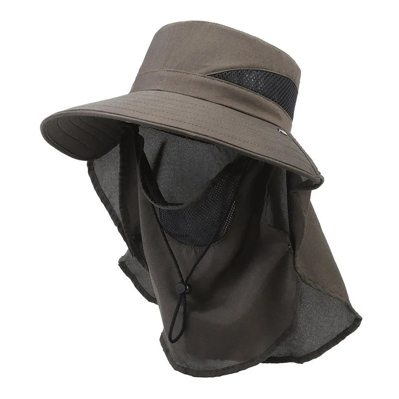Men's army green wide-brimmed fisherman hat with adjustable drawstring for sun protection outdoors.