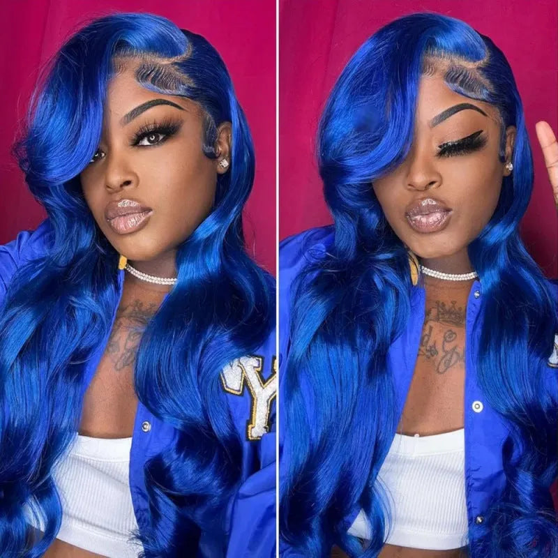 Women's dark blue wavy curly lace front wig with big wavy curls on a mannequin head