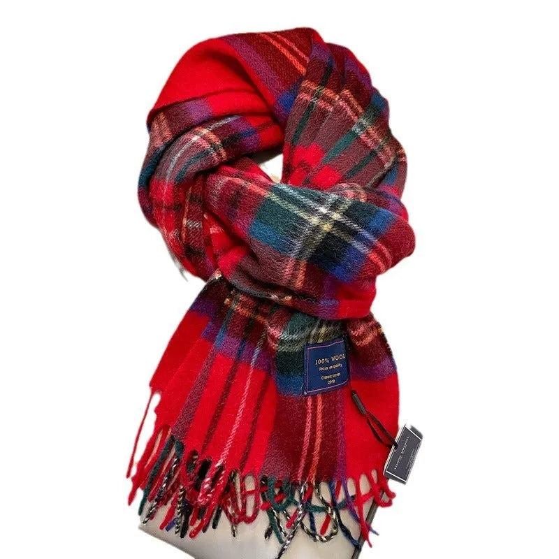 Men's winter wool scarf in red grid pattern, 180x32cm, warp knitting construction