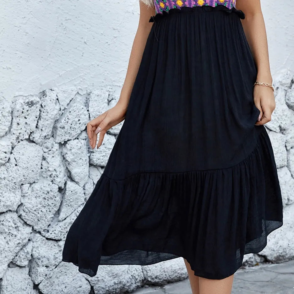 Purple sleeveless dress with hand hook flower stitching floral pattern, cotton blend fabric with polyester lining