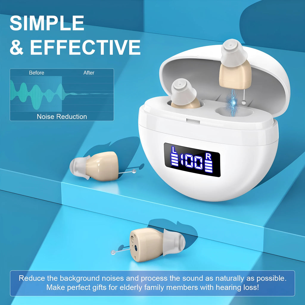 White skin noise reduction hearing aid with digital display and magnetic charging base