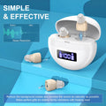 White skin noise reduction hearing aid with digital display and magnetic charging base