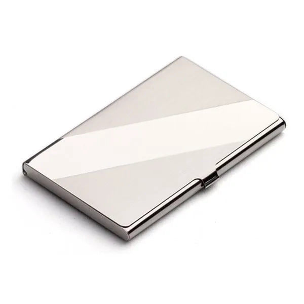 304 stainless steel business card case with geometric laser sculpture design showing horizontal format