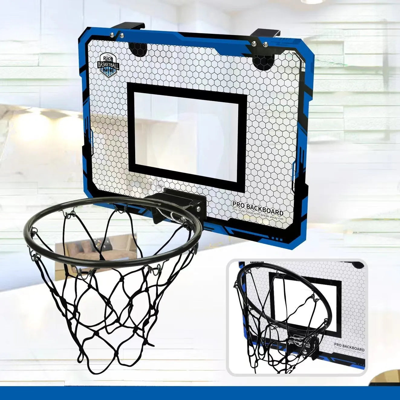 Red and blue foldable basketball frame toy with suction cups and hook shown in dunk scoring and folded ball rack positions.