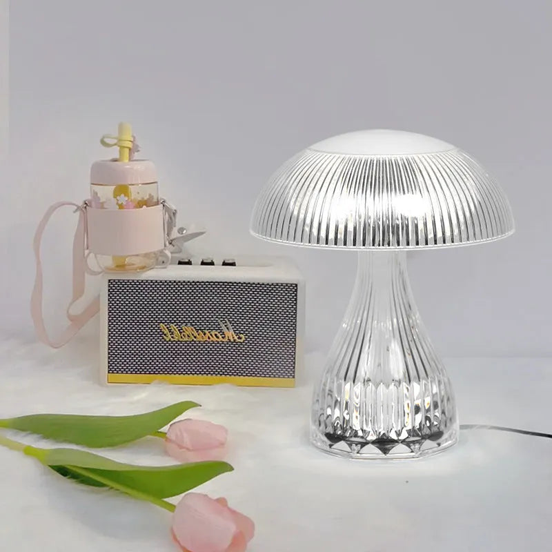 White USB rechargeable touch control night lamp with acrylic body on a table
