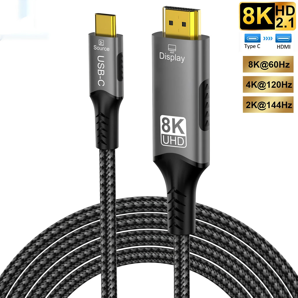 8K60Hz Type-C male to HDMI conversion data cable in black, available in 1m, 2m, and 3m lengths