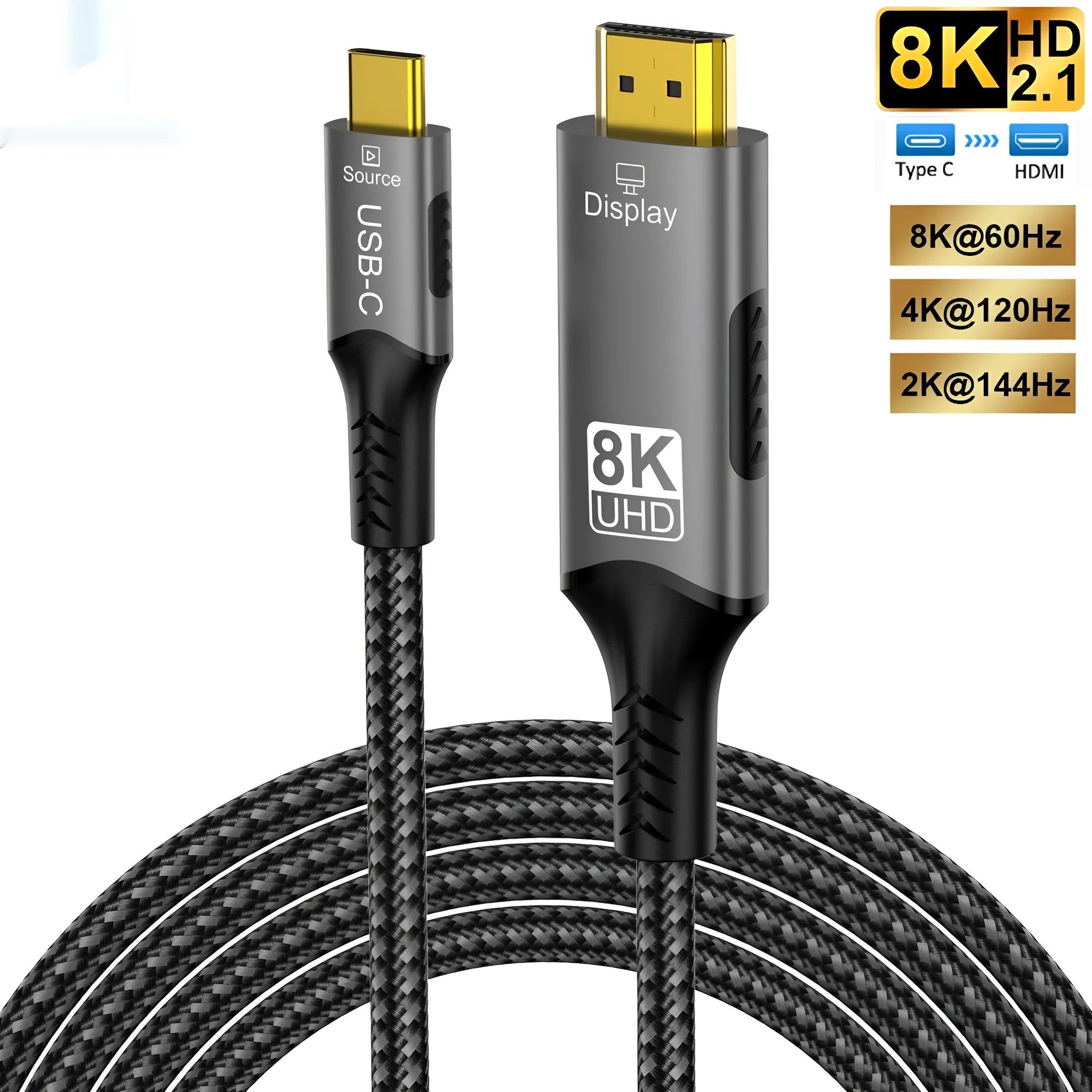 8K60Hz Type-C male to HDMI conversion data cable in black, available in 1m, 2m, and 3m lengths