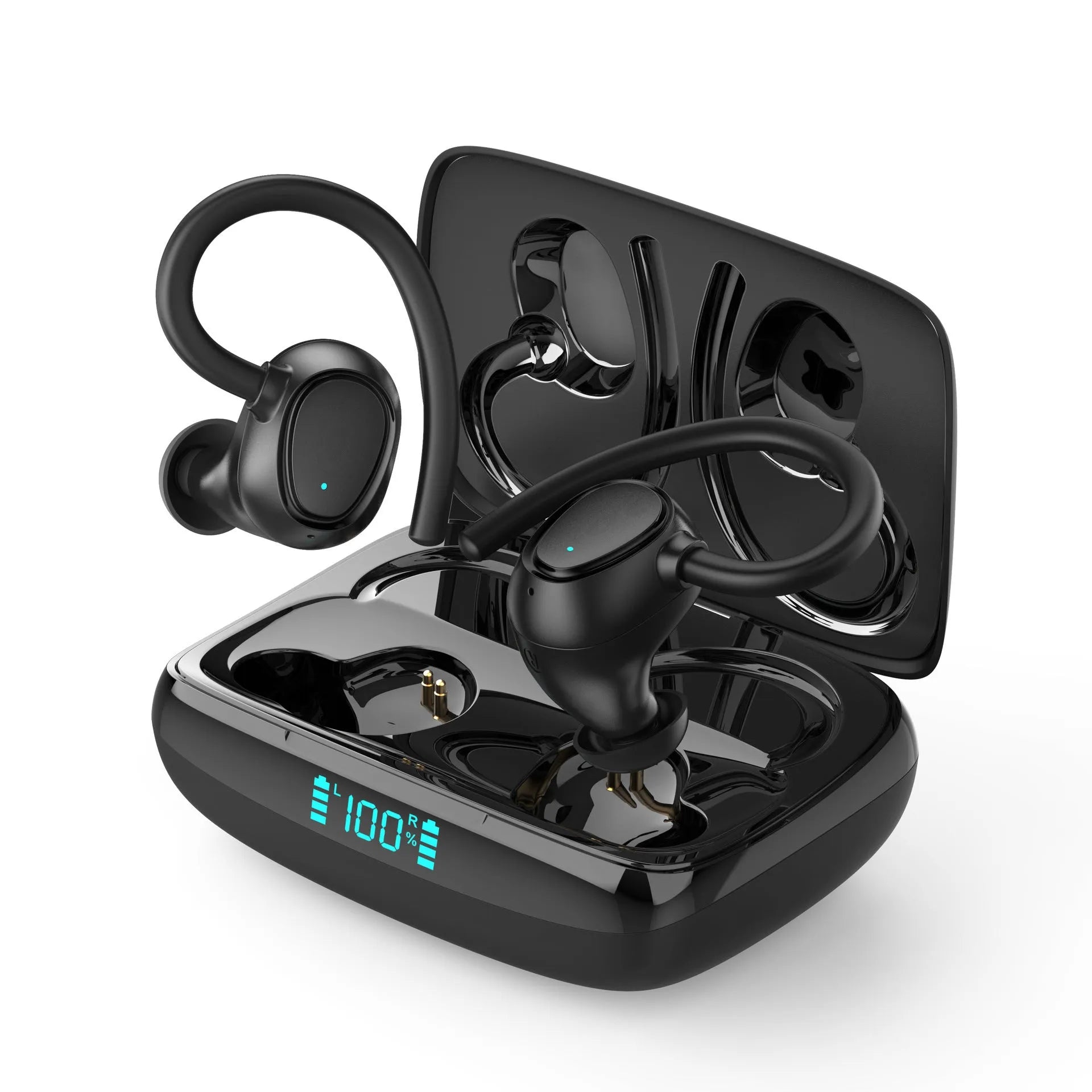 Sports waterproof headphones with digital display and breathing light in ear-hanging design