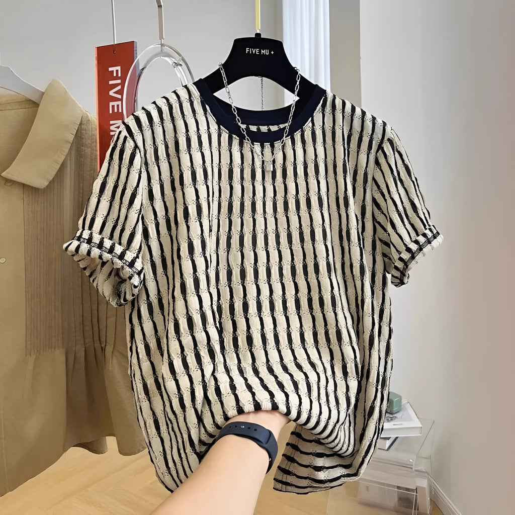 Men's black striped linen short sleeve shirt in loose pullover style