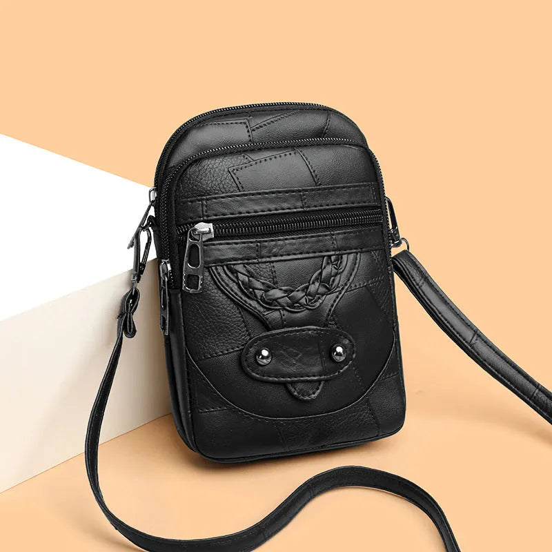 Soft PU leather retro mobile phone bag with square vertical design and weaving rivet details