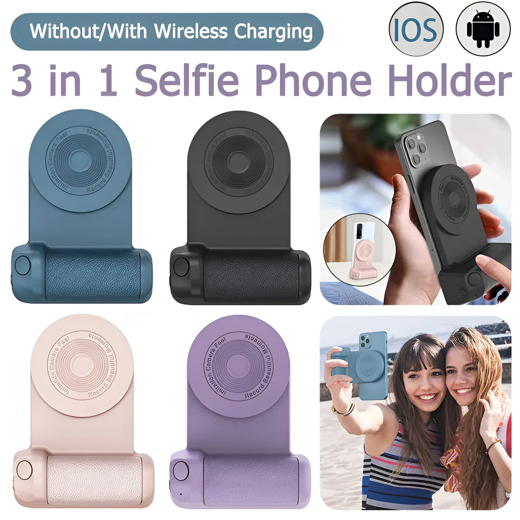 Black multifunctional phone camera holder with magnetic suction and rotatable stand on a table.