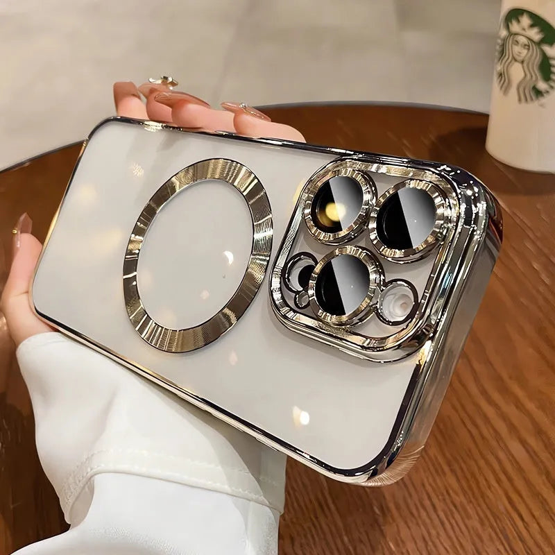 TPU electroplated magnetic phone case for iPhone 11-14 series in desert gold colour