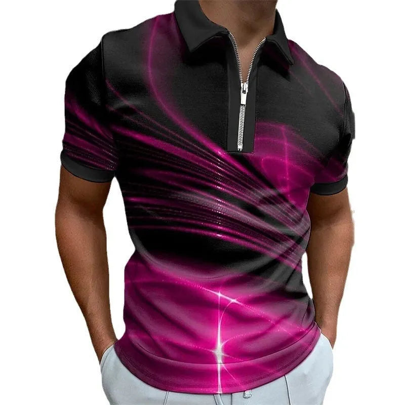 Men's blue lapel collar zipper polo shirt with short sleeves and printed design