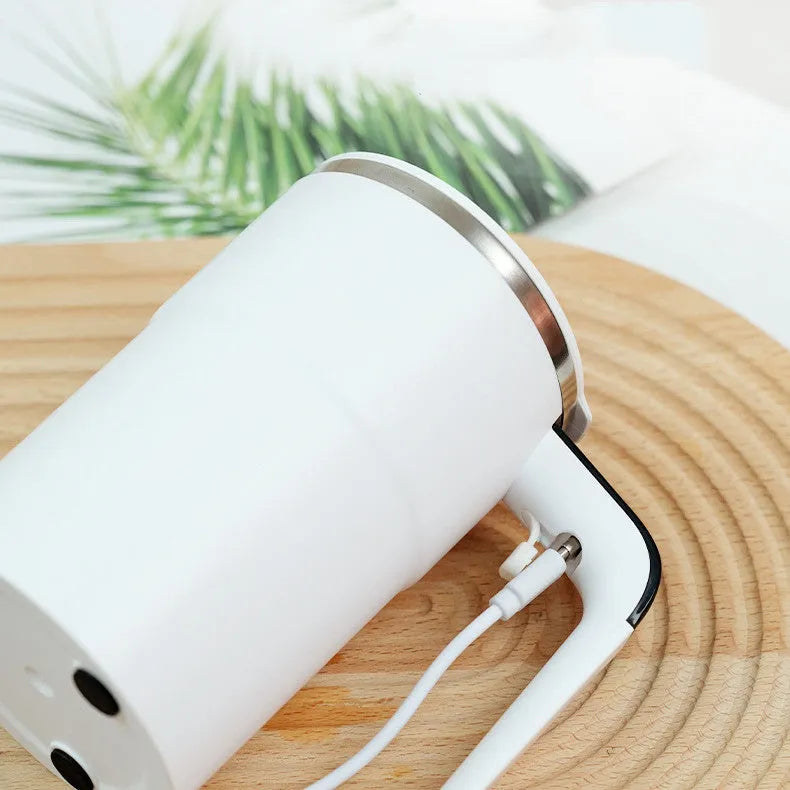Black and white USB rechargeable electric coffee mug with LCD display and magnetic stirrer